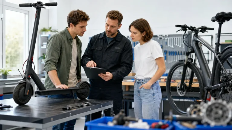 Ein Werkstattmitarbeiter bespricht mit zwei Kundinnen und Kunden die Verantwortung beim E-Scooter- und E-Bike-Tuning