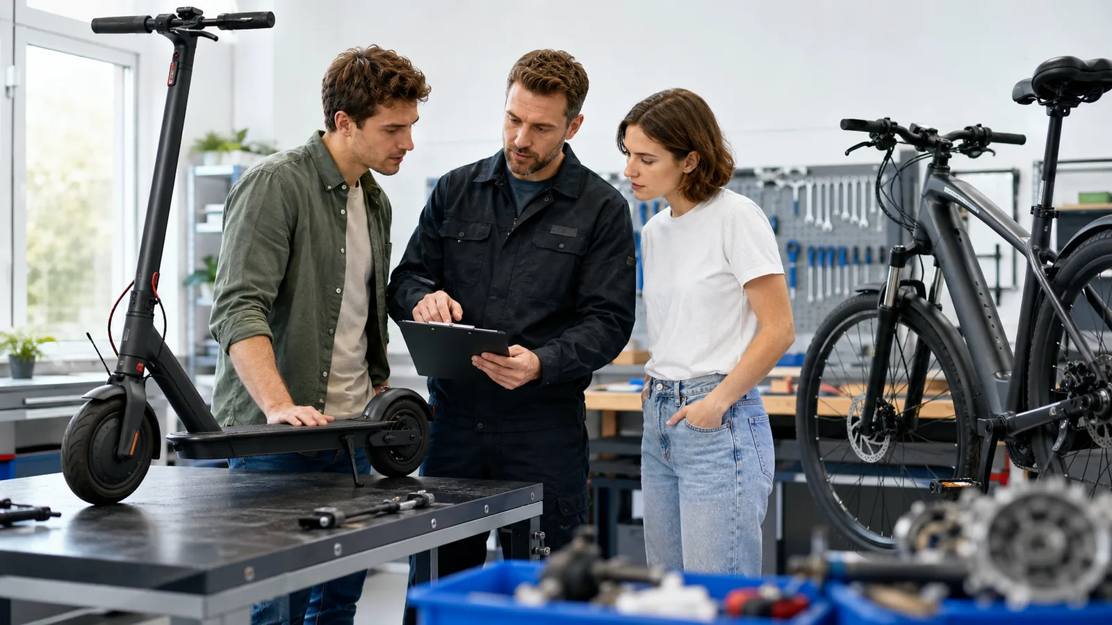 Ein Werkstattmitarbeiter bespricht mit zwei Kundinnen und Kunden die Verantwortung beim E-Scooter- und E-Bike-Tuning