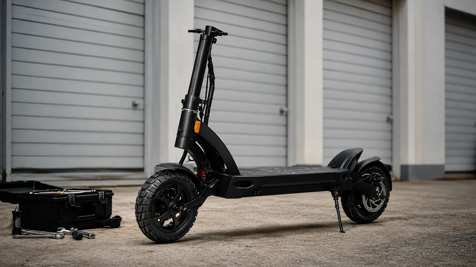E-Scooter mit Werkzeug vor Werkstatt-Toren, Service- und Prüfsymbolik