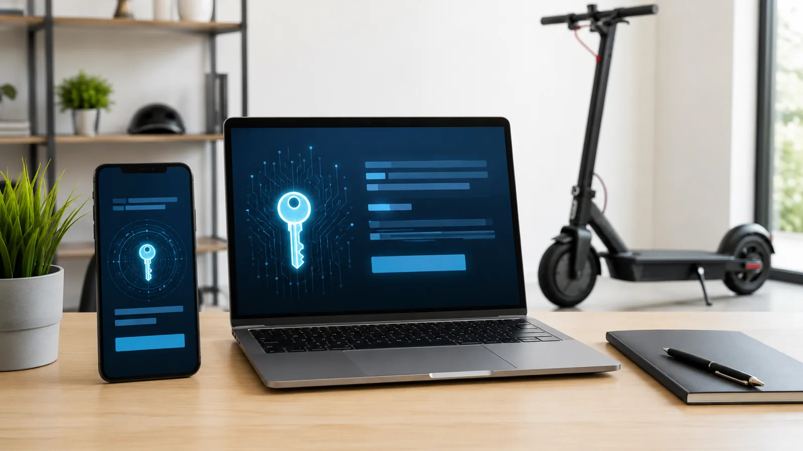 Laptop und Smartphone zeigen einen digitalen Lizenzcode als Schlüsselsymbol, im Hintergrund steht ein E-Scooter