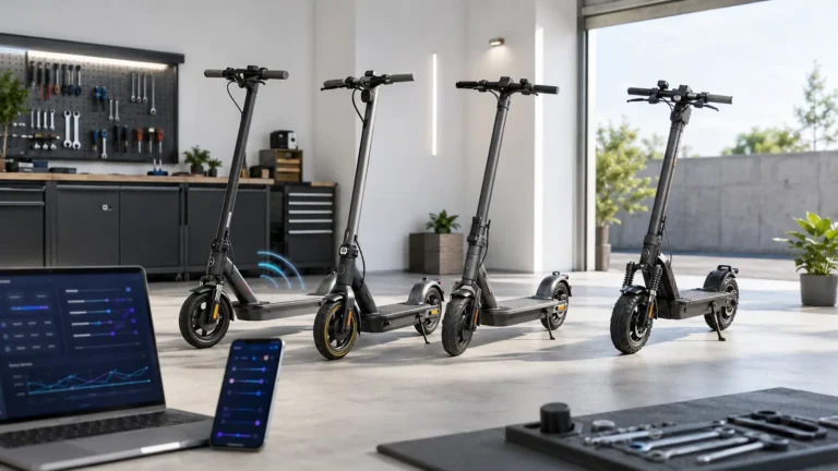 Vier Navee E-Scooter nebeneinander in einer Werkstatt, daneben Laptop und Smartphone mit der Tuning-WebApp
