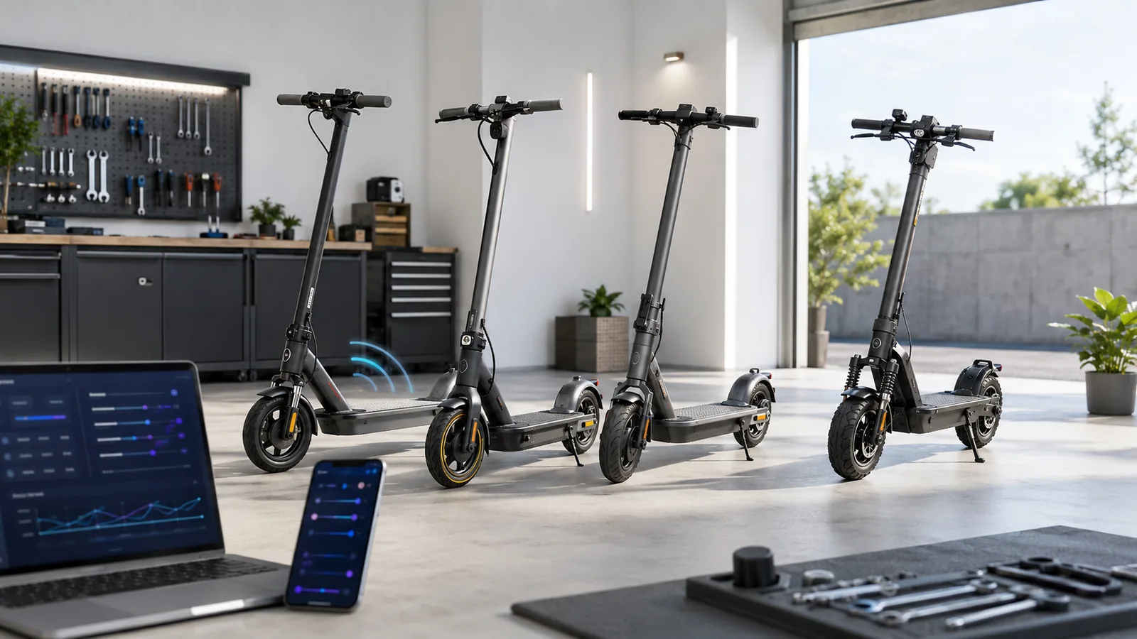 Vier Navee E-Scooter nebeneinander in einer Werkstatt, daneben Laptop und Smartphone mit der Tuning-WebApp