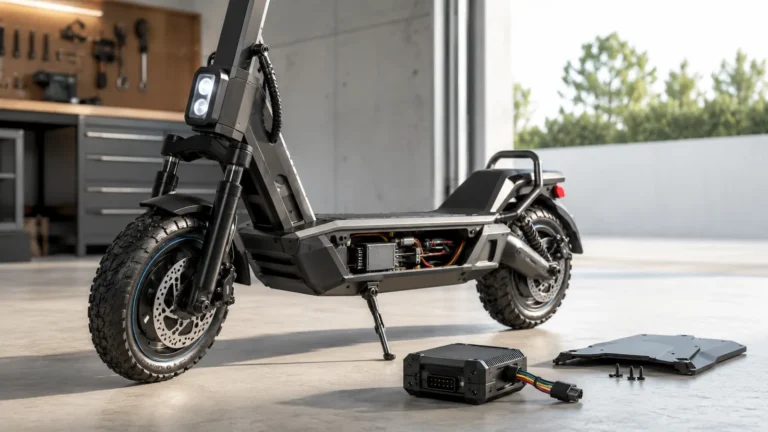 Ninebot E-Scooter in einer Werkstatt mit geöffnetem Trittbrett