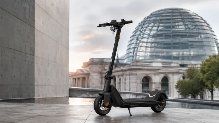 NIU KQi E-Scooter auf urbanem Platz, neutral ohne Logo