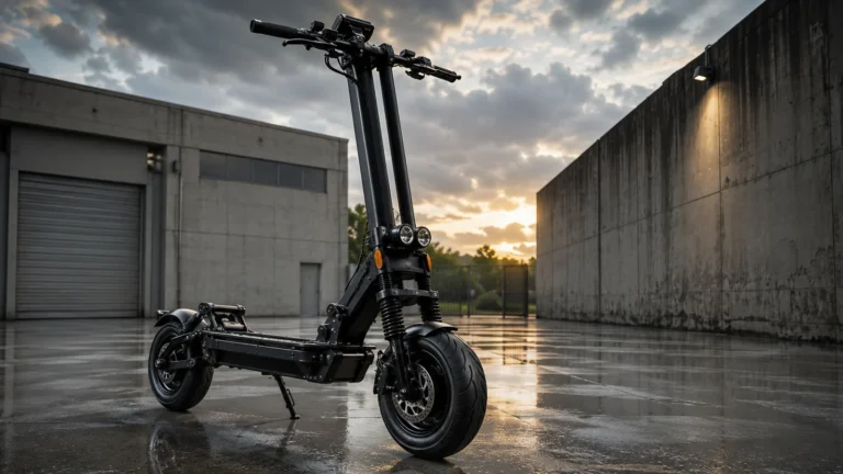 Performance-E-Scooter auf abgegrenztem Privatgelände bei Dämmerung