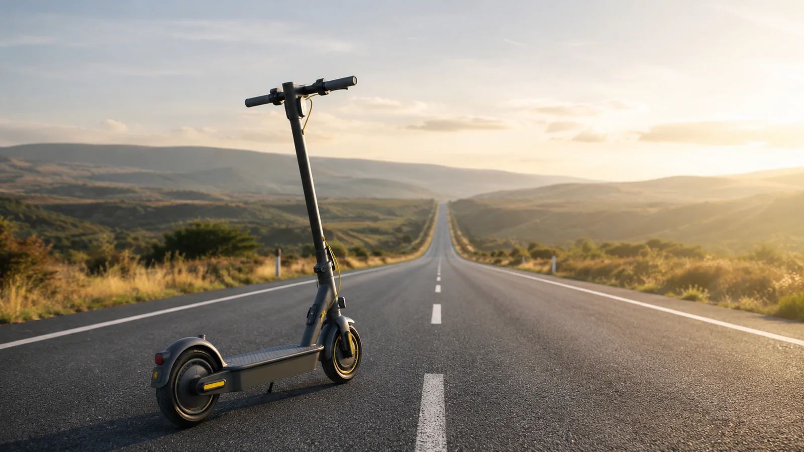 E-Scooter auf langer offener Straße Richtung Horizont – Reichweite und Leistung