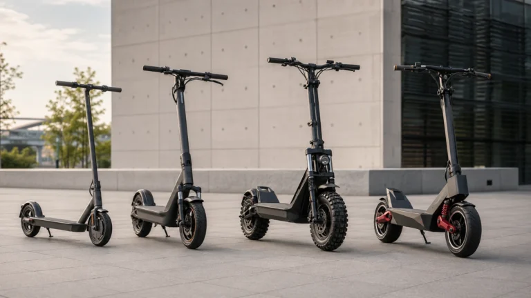 Robuste und sportliche E-Scooter-Modelle nebeneinander auf befestigtem Platz