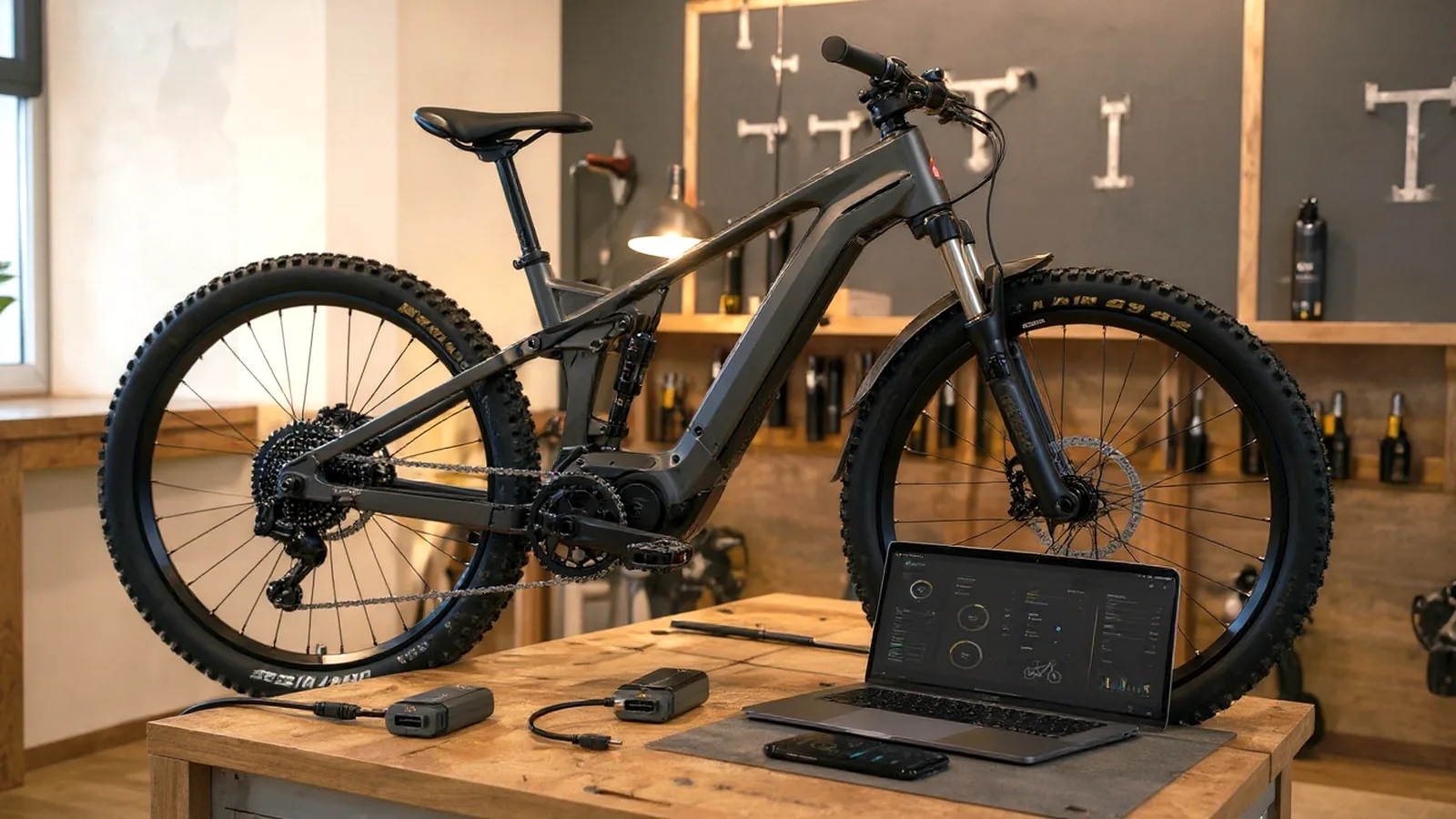 Pruefung von E-Bike-Display und App in der Werkstatt