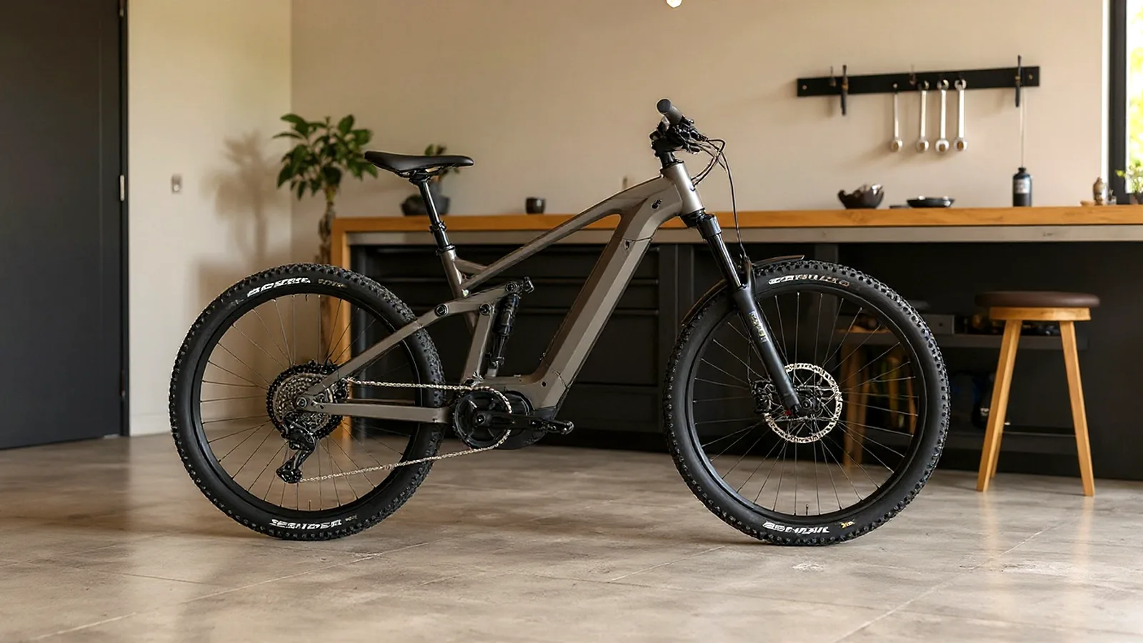 Modernes E-Bike mit Mittelmotor im Studio