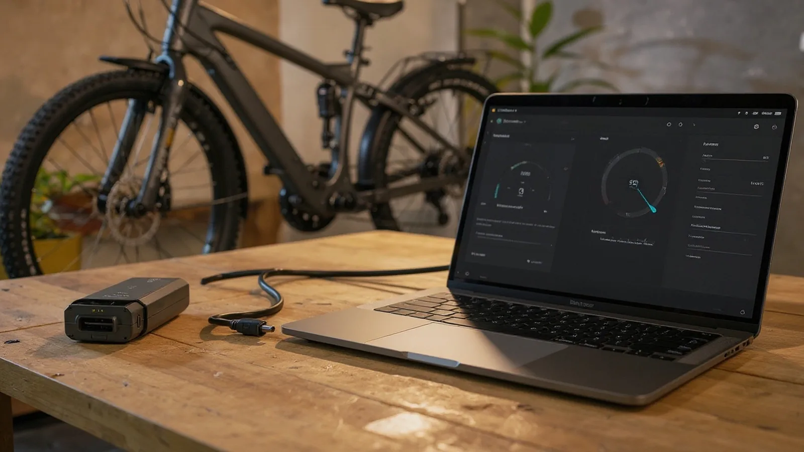 E-Bike-Mittelmotor per USB mit Laptop verbunden