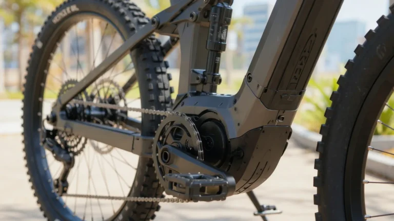 Kleiner Kratzer am E-Bike-Rahmen in Nahaufnahme