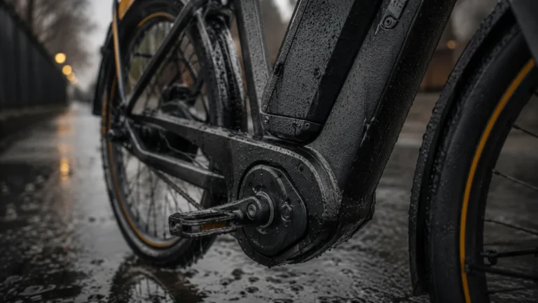Nasses E-Bike mit Wassertropfen am Motor
