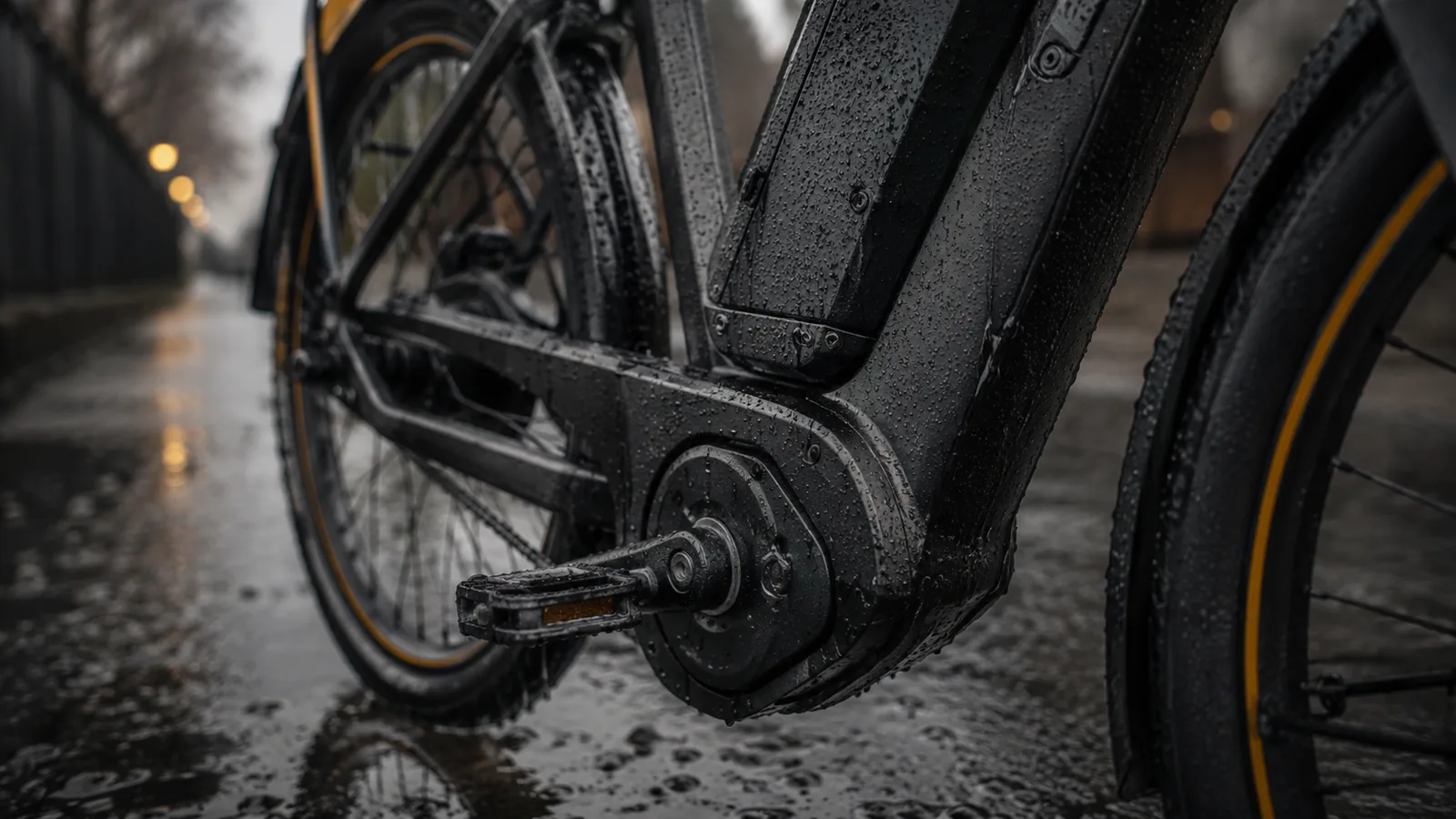Nasses E-Bike mit Wassertropfen am Motor