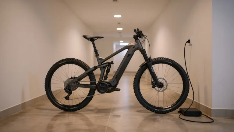 E-Bike-Akku laedt im Kellerraum