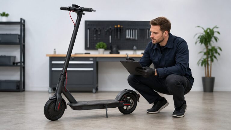 Mann bewertet einen E-Scooter mit Klemmbrett in der Werkstatt
