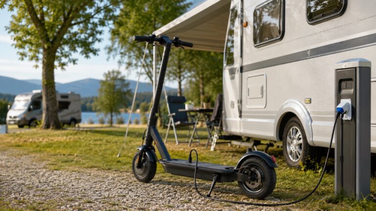 E-Scooter lädt an einer Stromsäule neben einem Wohnmobil am Campingplatz