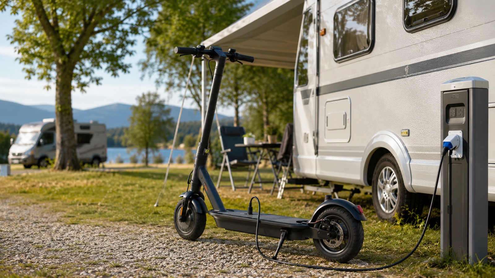 E-Scooter lädt an einer Stromsäule neben einem Wohnmobil am Campingplatz