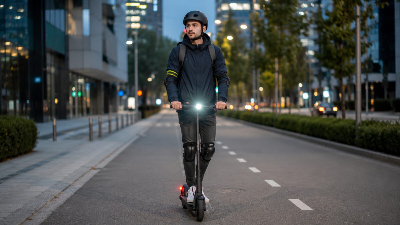 E-Scooter-Fahrer mit Helm und Schutzkleidung mit Licht in der Stadt