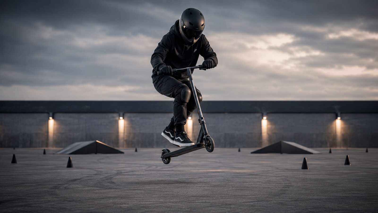 Dynamischer E-Scooter-Fahrer bei Sprung und Stunt