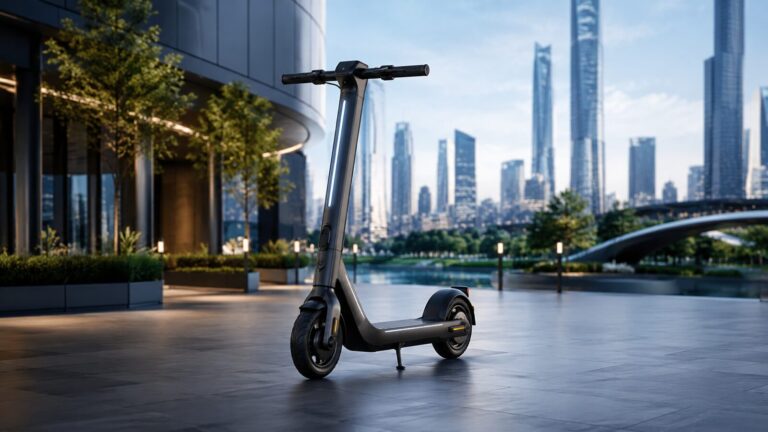 Moderner E-Scooter in einer futuristischen Stadtlandschaft