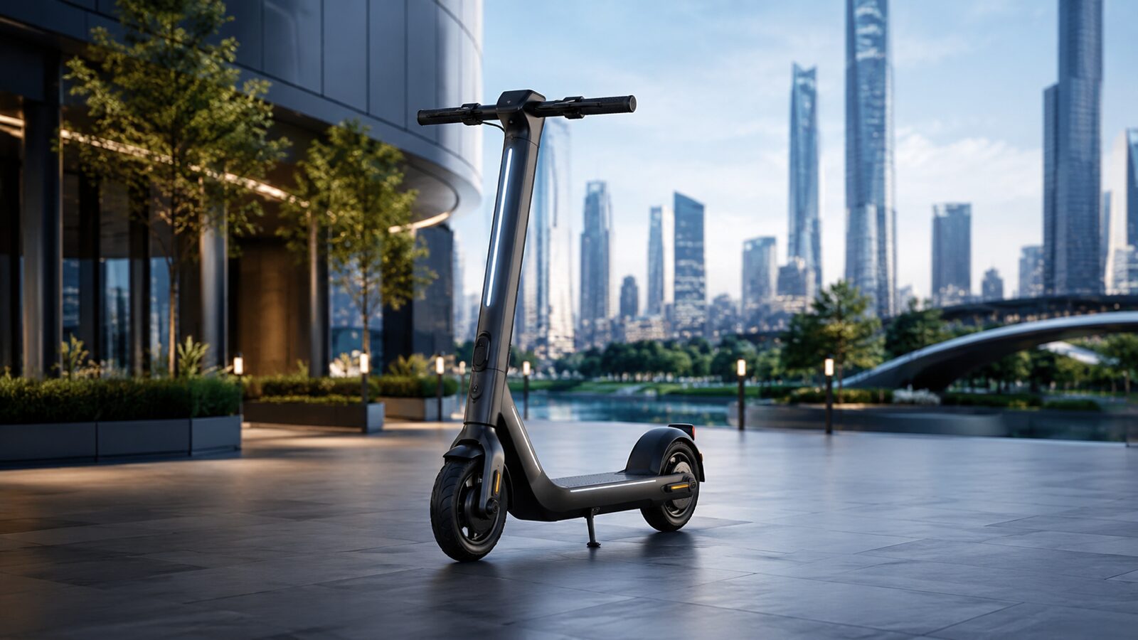 Moderner E-Scooter in einer futuristischen Stadtlandschaft