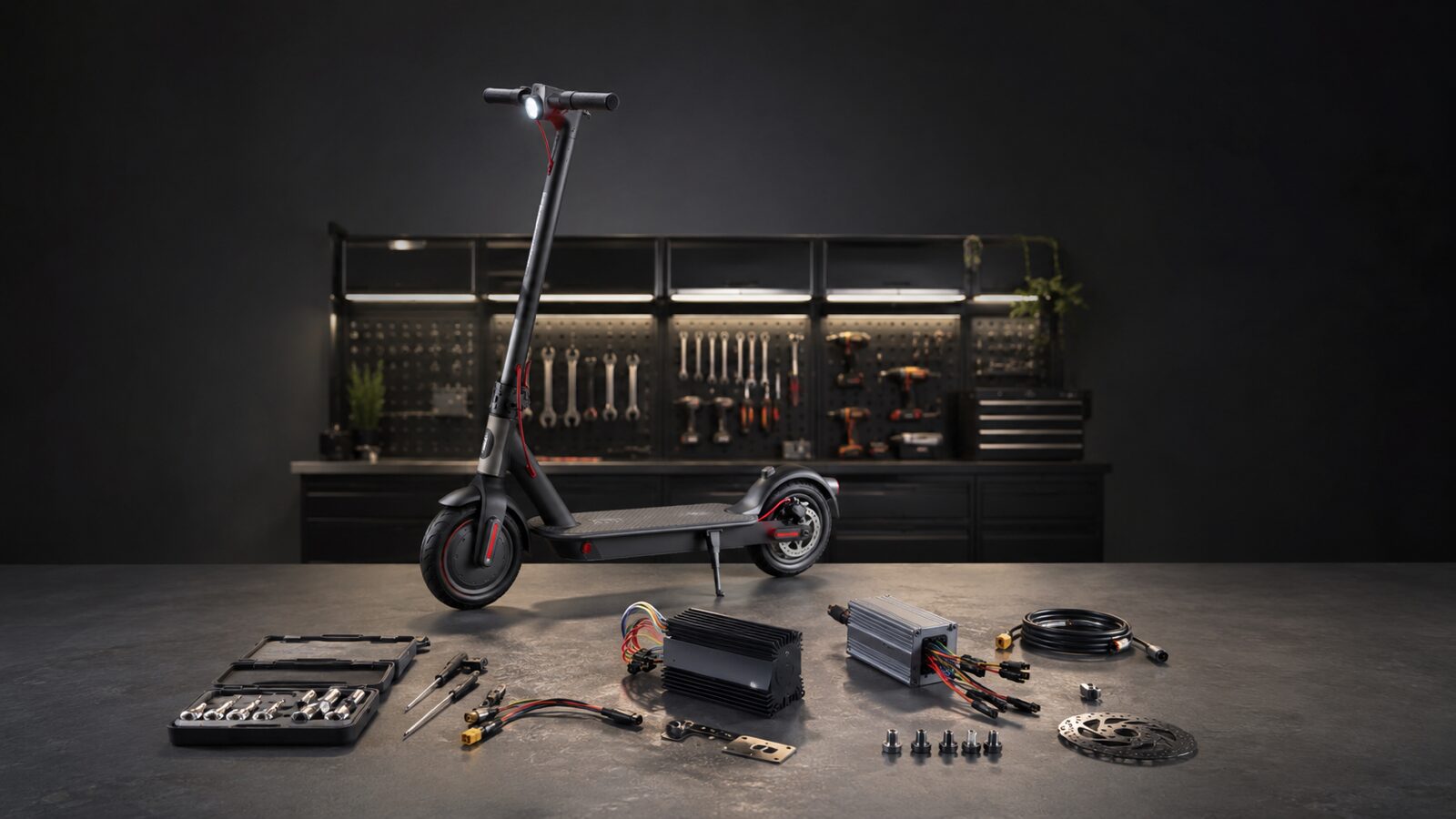 Werkbank mit E-Scooter und Werkzeug für Hardware-Tuning