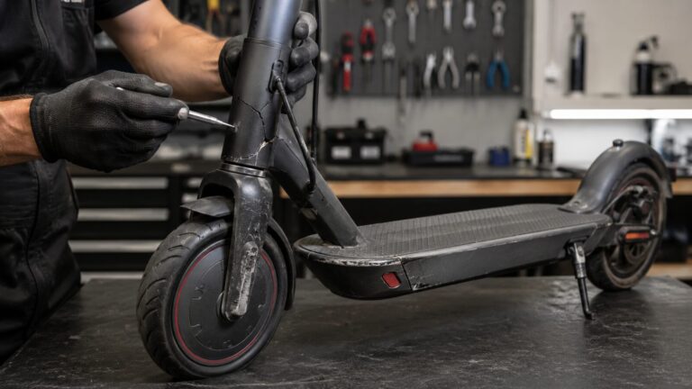 Mechaniker prüft Lenker und Gabel eines E-Scooters in der Werkstatt