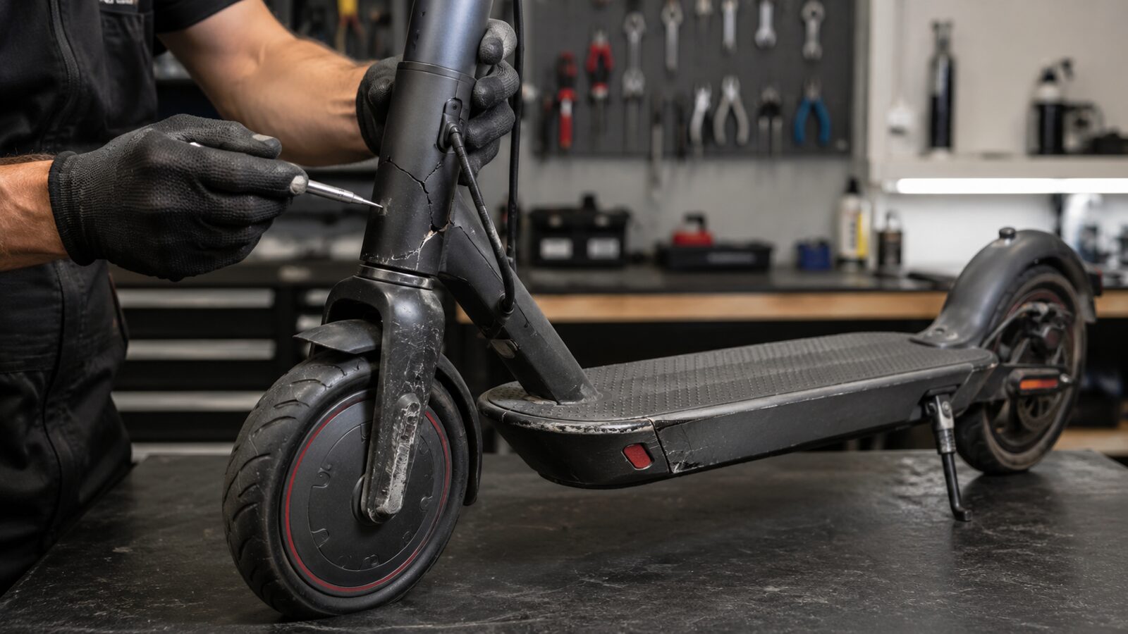Mechaniker prüft Lenker und Gabel eines E-Scooters in der Werkstatt