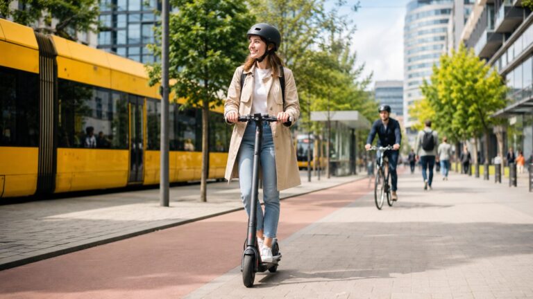 Frau fährt E-Scooter in der Stadt neben Tram und Radfahrer