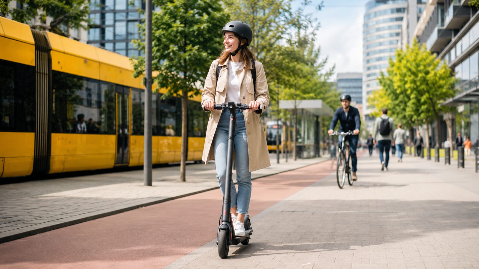 Frau fährt E-Scooter in der Stadt neben Tram und Radfahrer