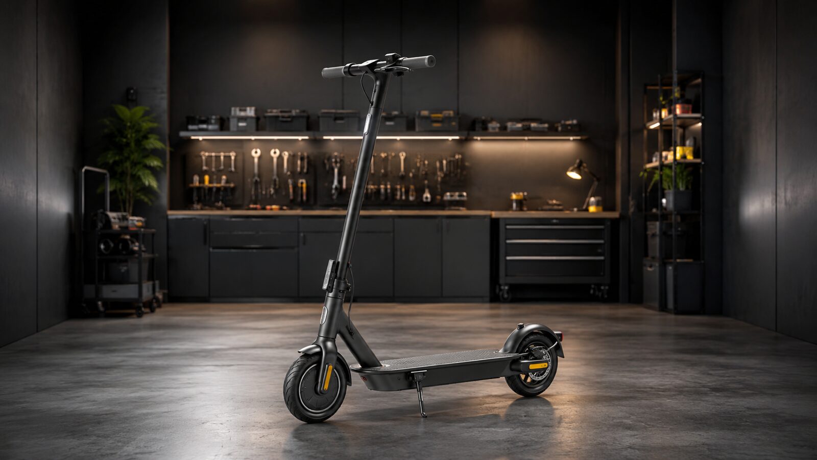 Moderner E-Scooter im stilvollen Workshop für Ninebot-Tuning