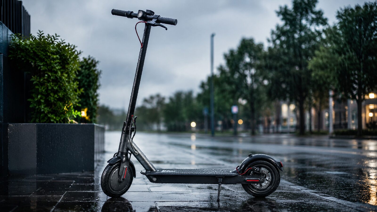 E-Scooter steht im Regen auf einer nassen Straße