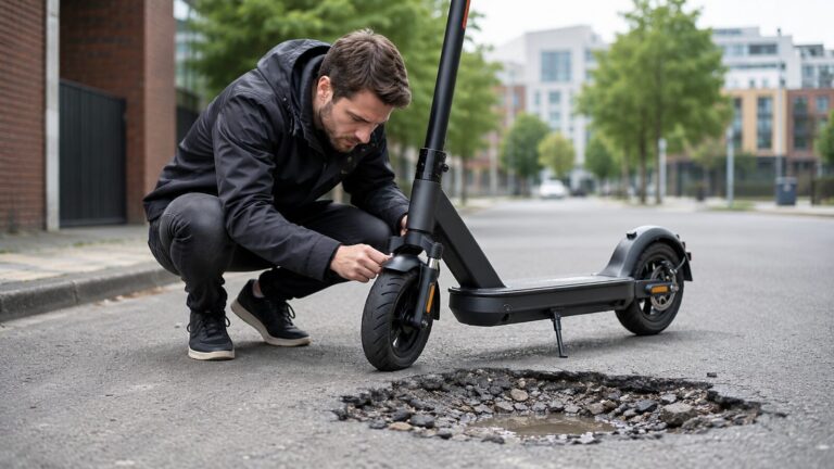 Mann prüft E-Scooter neben einem Schlagloch auf der Straße