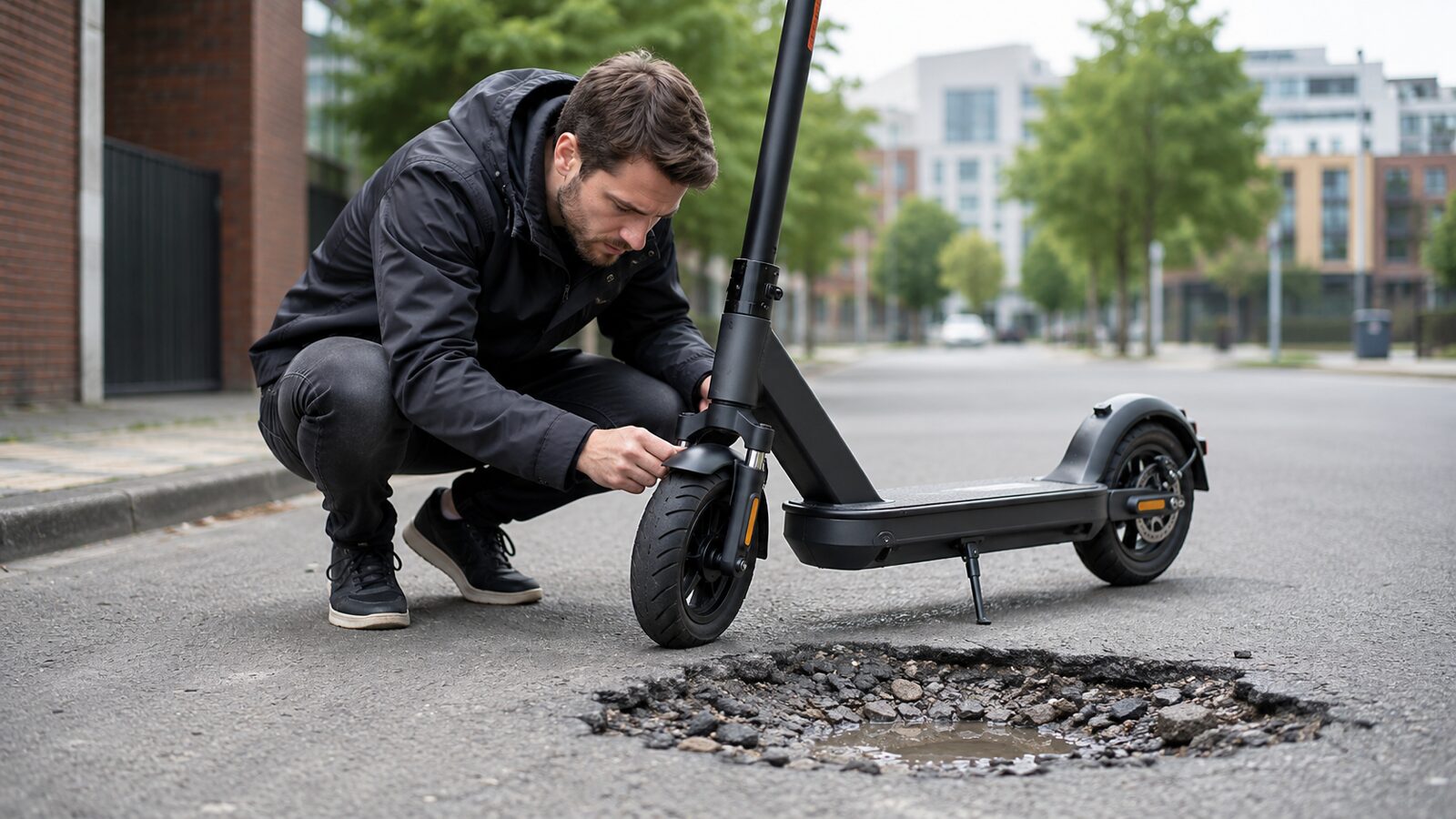 Mann prüft E-Scooter neben einem Schlagloch auf der Straße