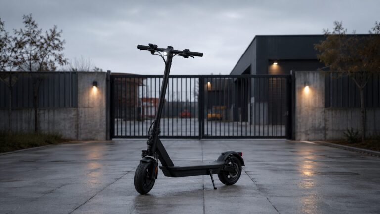 E-Scooter vor einem abgesperrten Tor auf Privatgelände