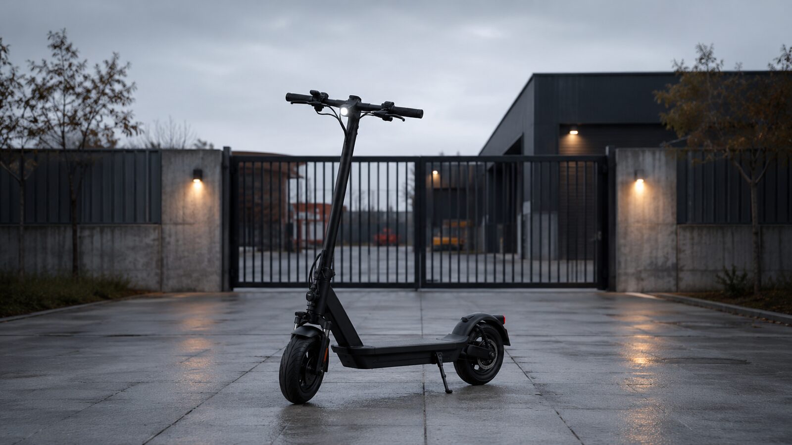 E-Scooter vor einem abgesperrten Tor auf Privatgelände