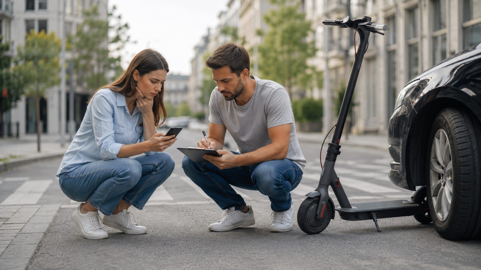 Zwei Personen dokumentieren einen E-Scooter-Vorfall neben einem Auto