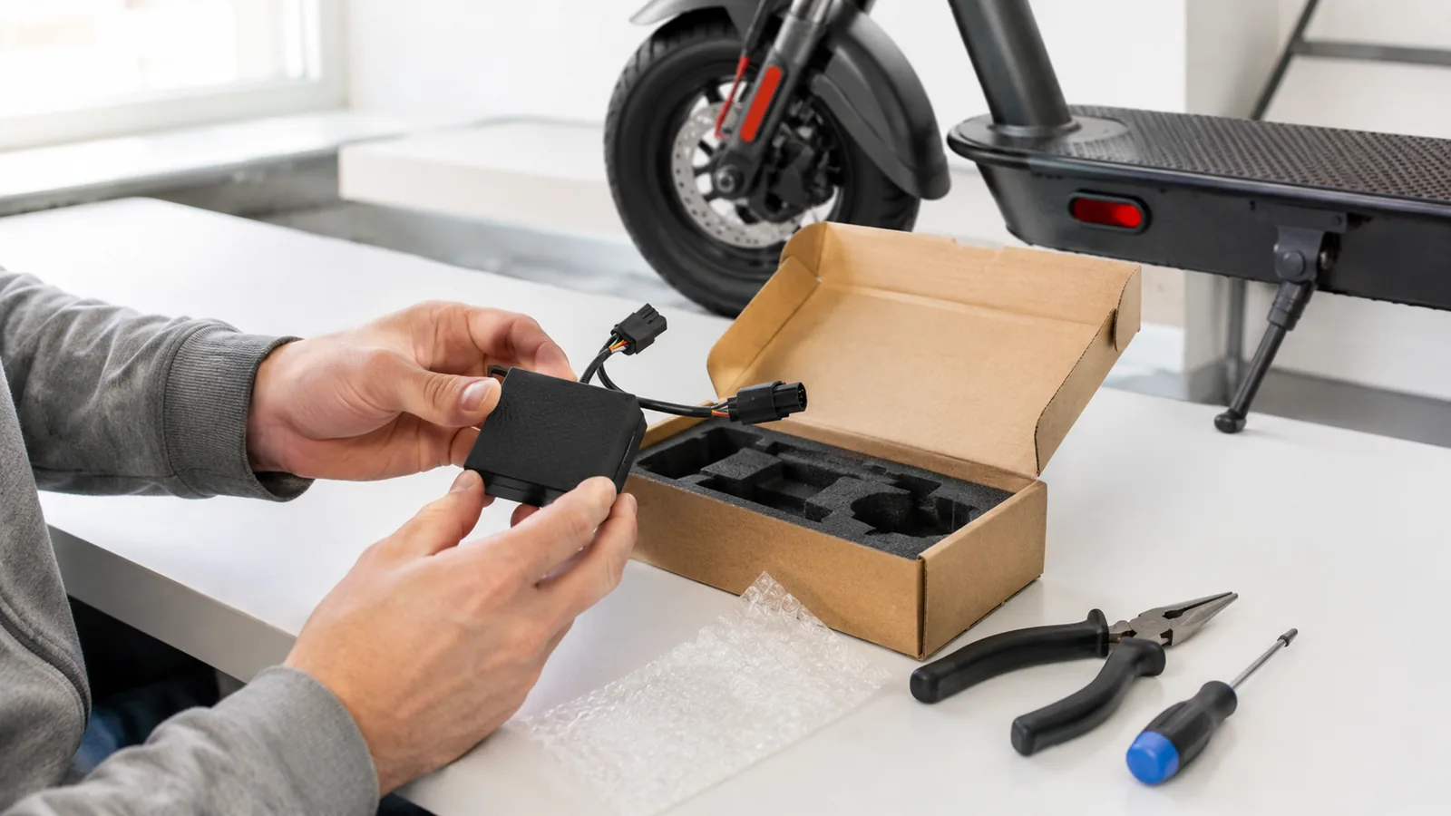 Hände packen einen physischen Tuning-Chip aus der Verpackung aus, daneben Werkzeug und ein E-Scooter