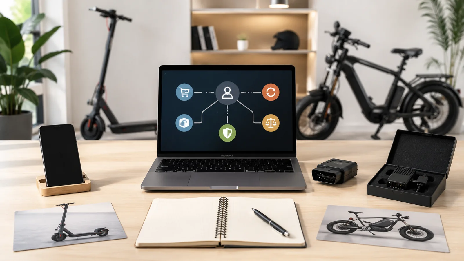 Laptop zeigt eine Übersicht zu Rückgabe, Garantie und Haftung beim Tuning, daneben ein E-Scooter und ein E-Bike
