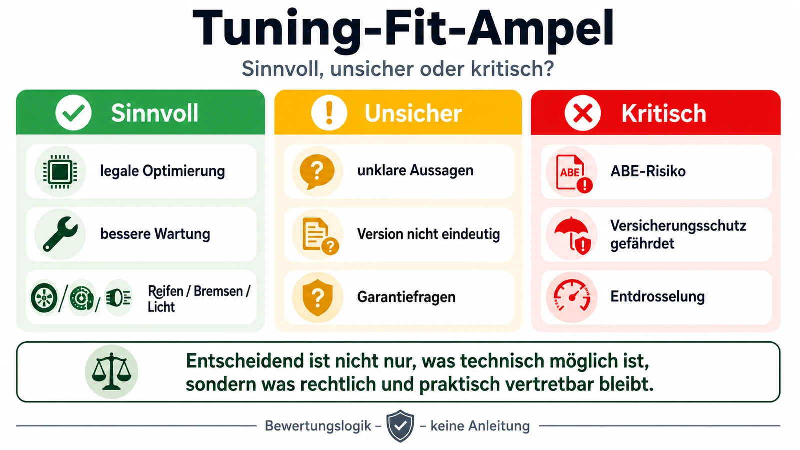 Infografik: Tuning-Fit-Ampel: sinnvoll, unsicher, kritisch