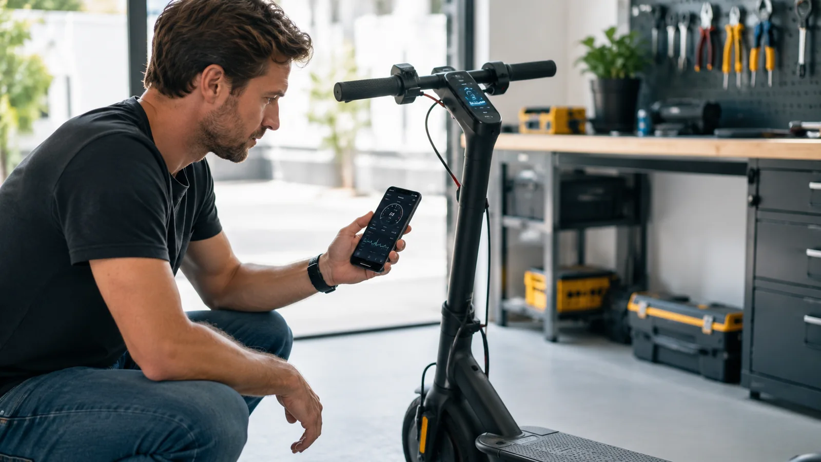 Person prüft mit Smartphone-App einen E-Scooter in heller Werkstatt – Fehlersuche beim Tuning