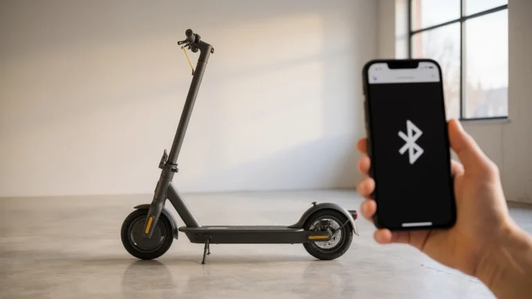E-Scooter in moderner Werkstatt mit Smartphone als Symbol für WebApp-Tuning