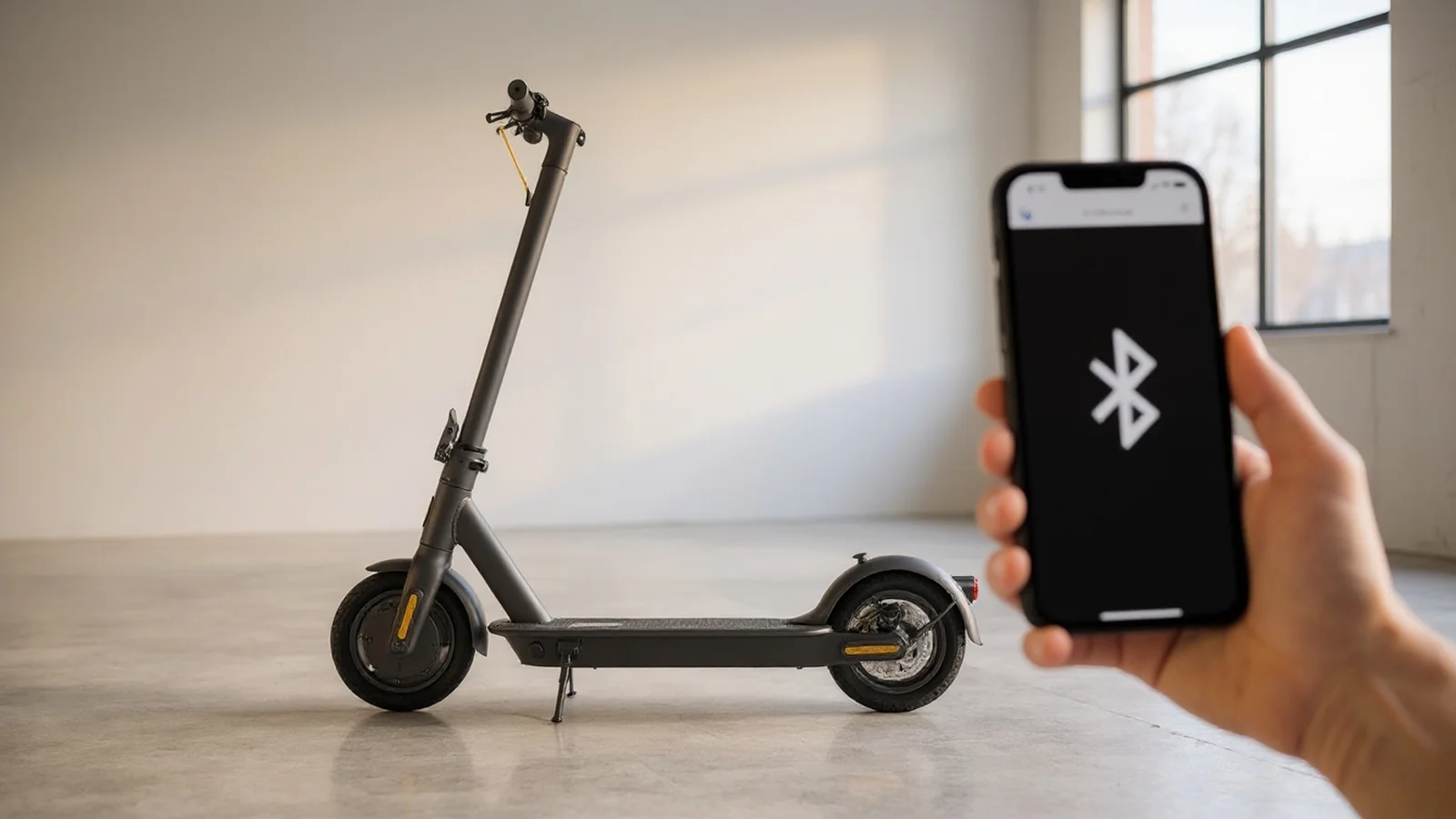 E-Scooter in moderner Werkstatt mit Smartphone als Symbol für WebApp-Tuning