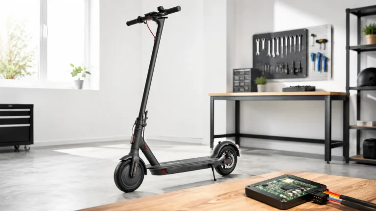 Xiaomi E-Scooter auf einer Werkbank neben einem MESC-Tuning-Chip