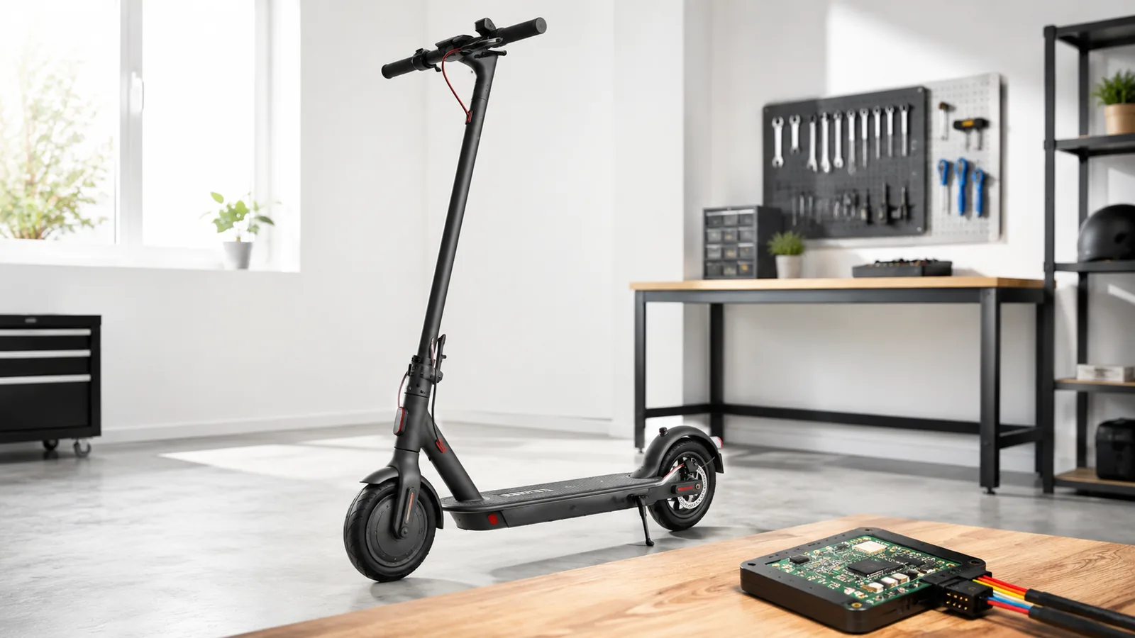 Xiaomi E-Scooter auf einer Werkbank neben einem MESC-Tuning-Chip