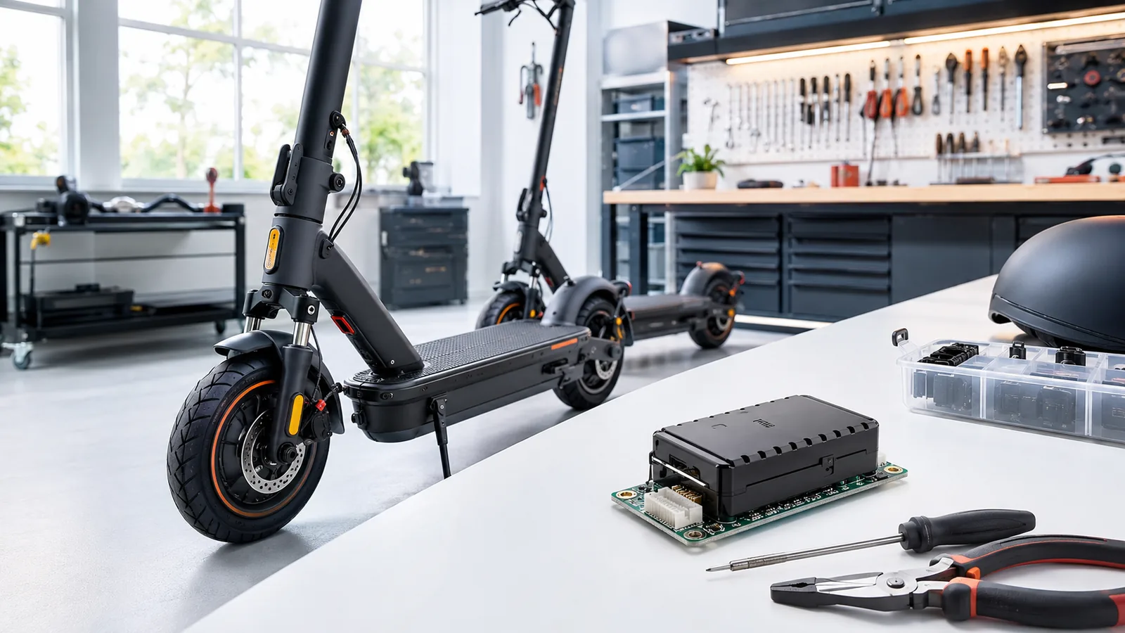 Zwei Xiaomi E-Scooter in der Werkstatt, daneben ein MESC-Tuning-Chip und Werkzeug