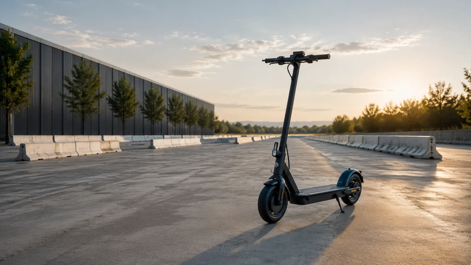 E-Scooter auf privater Testfläche mit weiter Perspektive zum Thema Leistungsgrenze