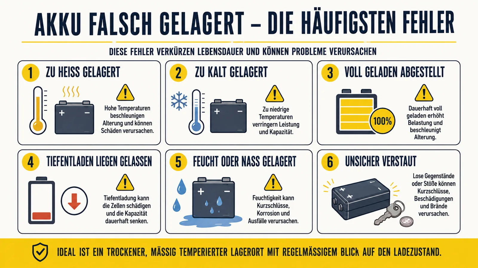Infografik zu den häufigsten Lagerfehlern bei E-Bike- und E-Scooter-Akkus