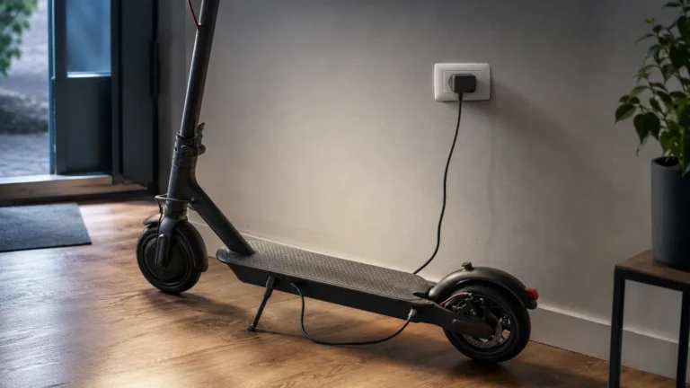 Schwarzer E-Scooter lädt an einer Wandsteckdose in einem Innenraum mit Holzboden