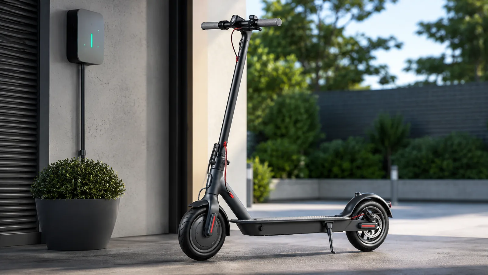 E-Scooter mit Akku- und Ladebezug im ruhigen Technikfokus